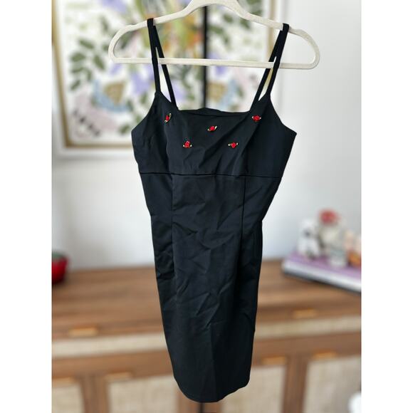 Vintage California Concepts Black Mini Dress with Embroidered Roses Size Small - Picture 10 of 14